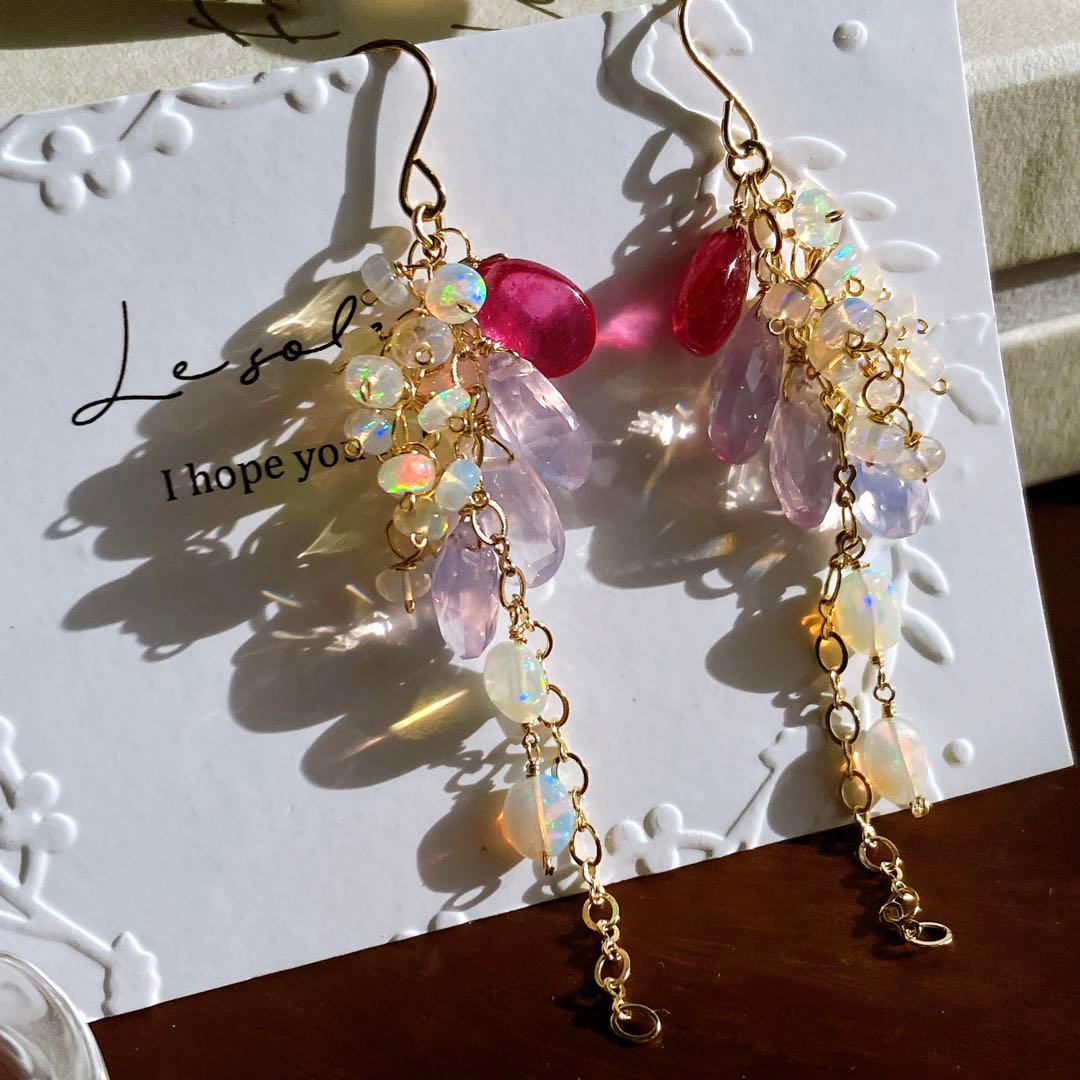 coconut◆高品質✧ルビー×スコロライト×オパールピアス✧14kgf