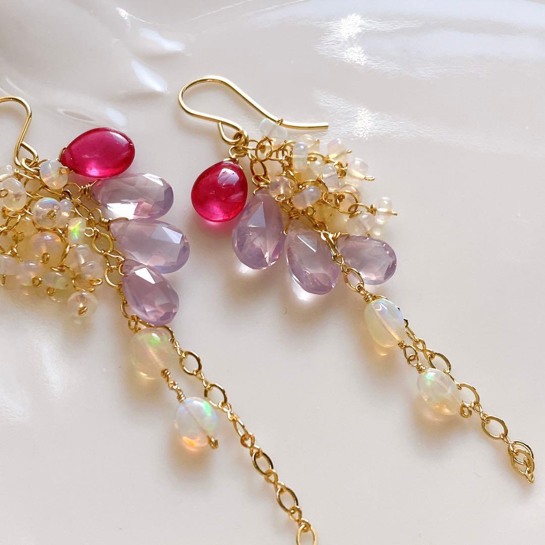 coconut◆高品質✧ルビー×スコロライト×オパールピアス✧14kgf