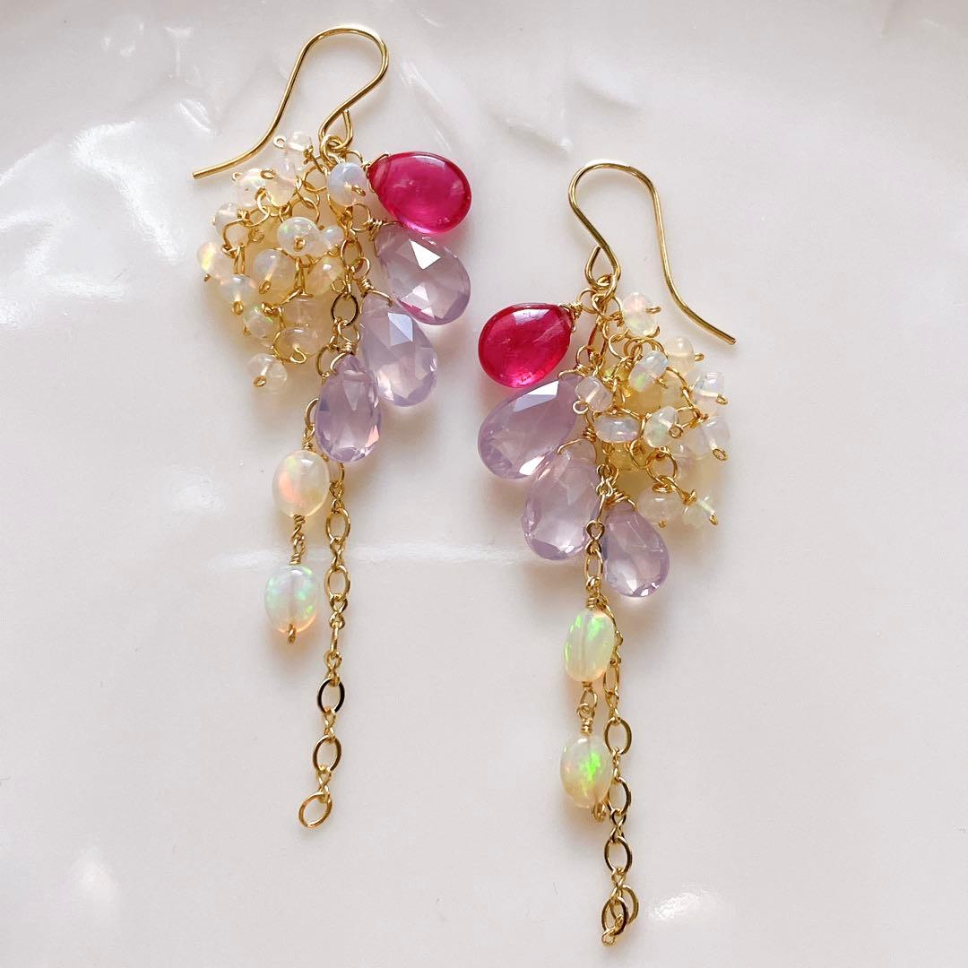 coconut◆高品質✧ルビー×スコロライト×オパールピアス✧14kgf