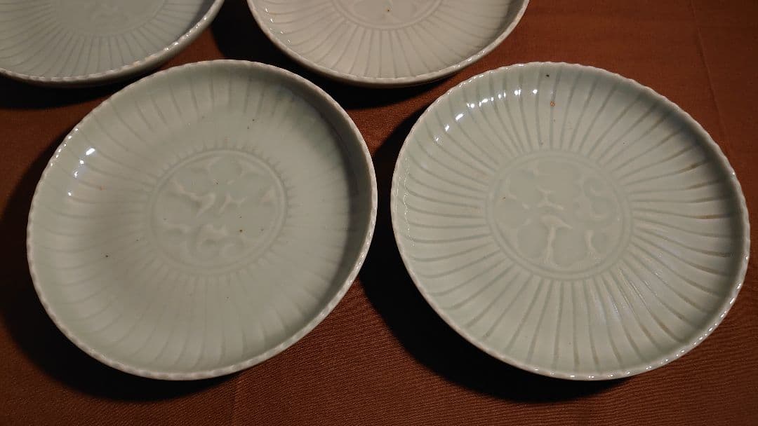 李朝　青磁　中皿　菓子皿　蔵出し　古玩　４客