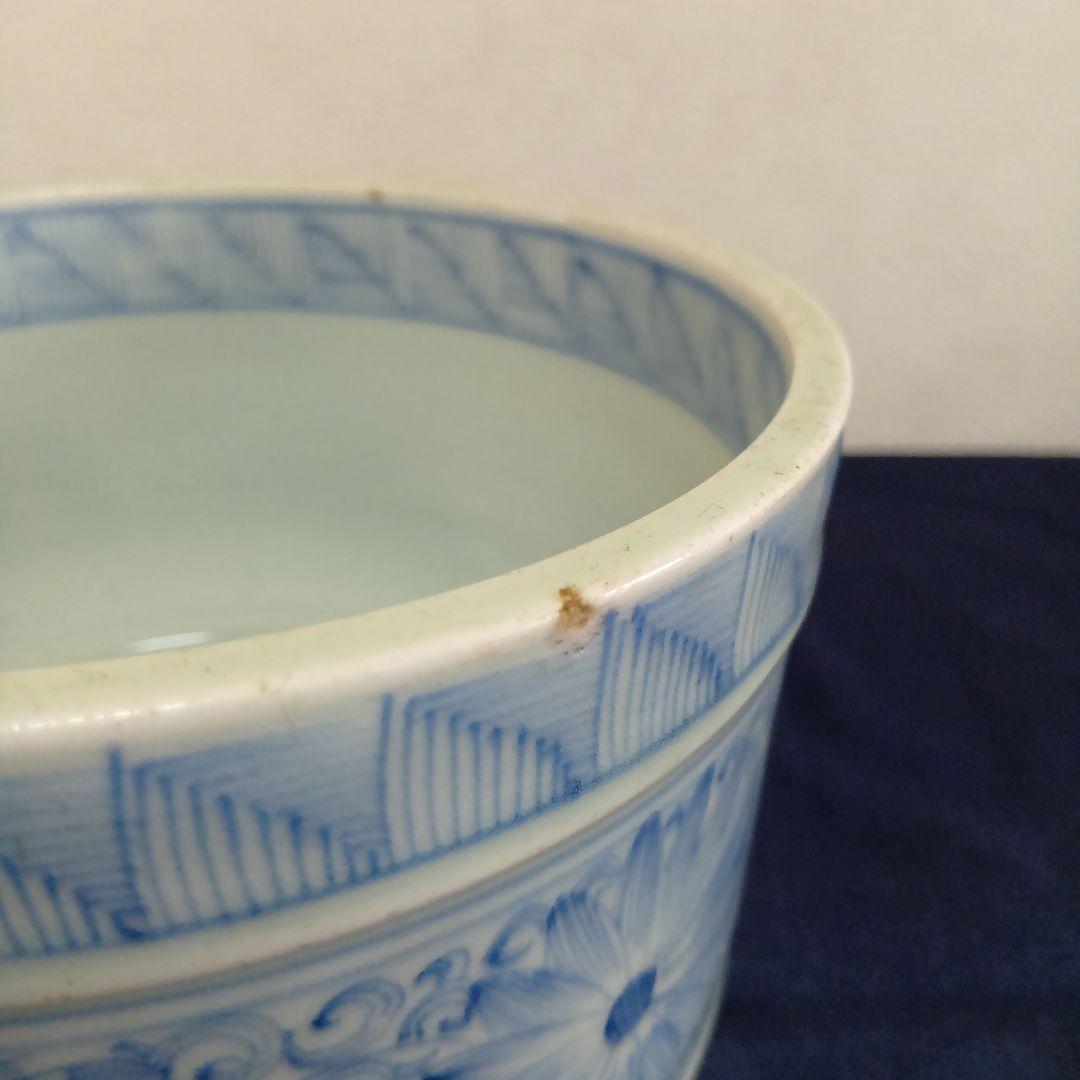 古伊万里 染付 深鉢 桶型 花唐草文様 宝文様 時代物 骨董