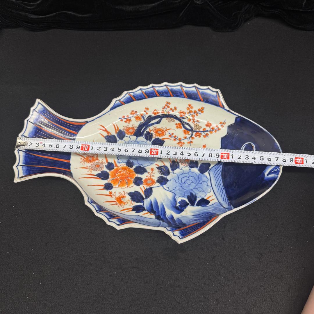 古伊万里 金彩色絵梅花図細密絵付皿 魚形皿時代物 骨董品　38cm