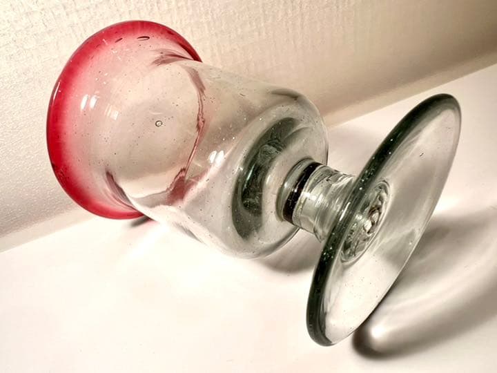 アンティーク　吹きガラス　氷グラス　昭和初期　金赤　気泡