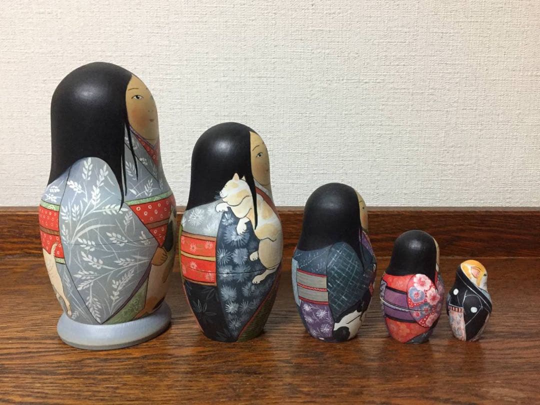 ロシア雑貨☆着物マトリョーシカ(5P)和風猫ボボワ作オマケ付き♪