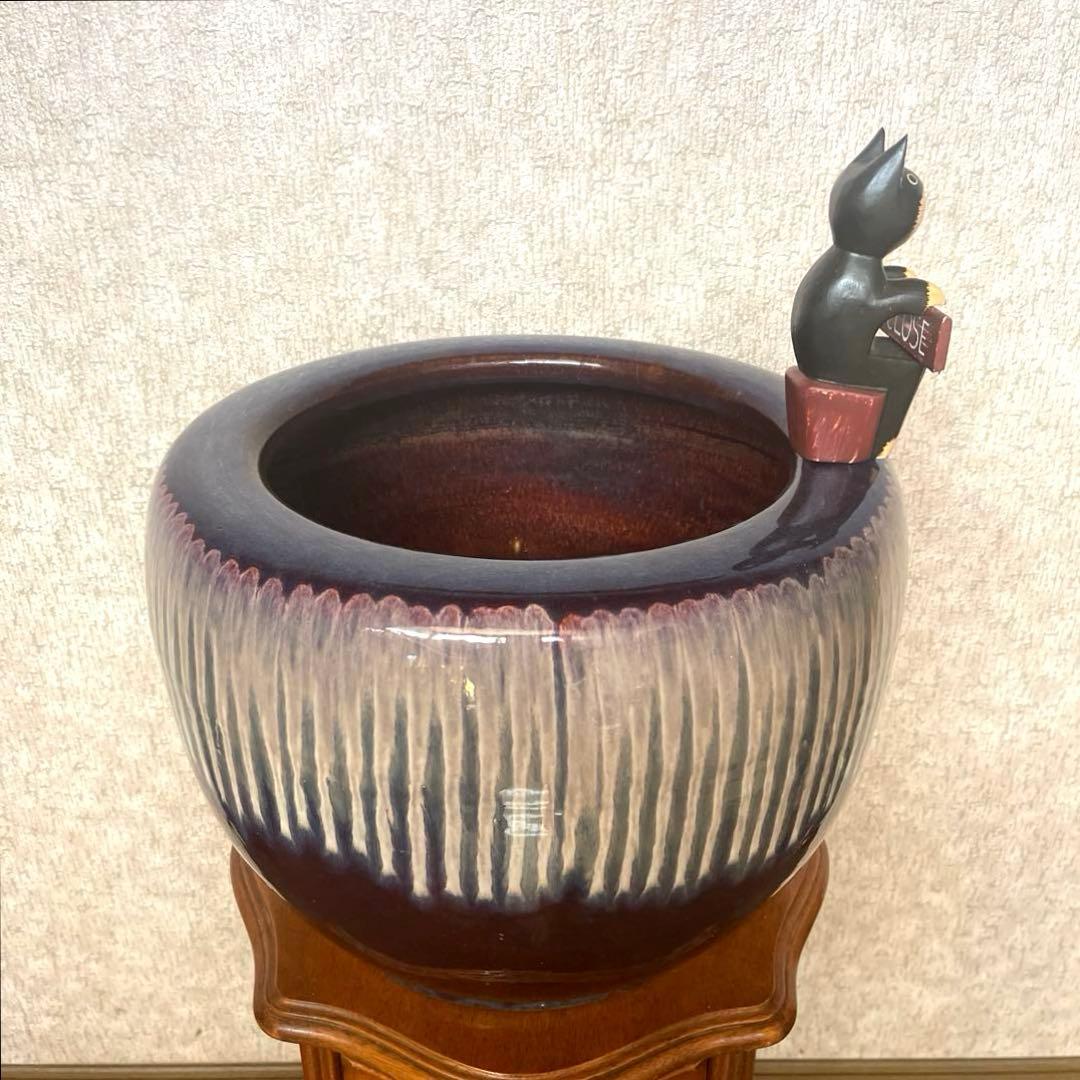 【美品　商品】アンティーク火鉢　メダカ鉢　金魚鉢　　陶器製　睡蓮　幅46