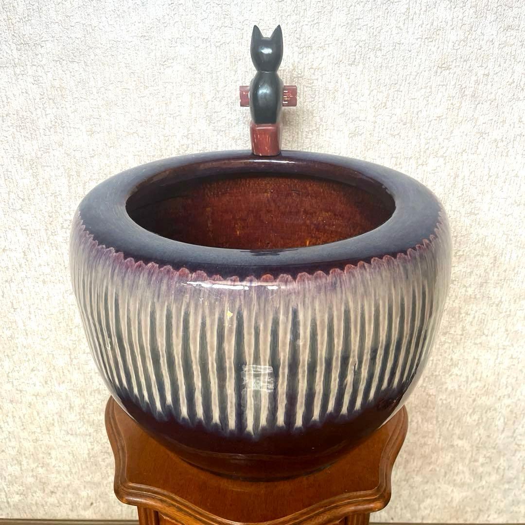 【美品　商品】アンティーク火鉢　メダカ鉢　金魚鉢　　陶器製　睡蓮　幅46