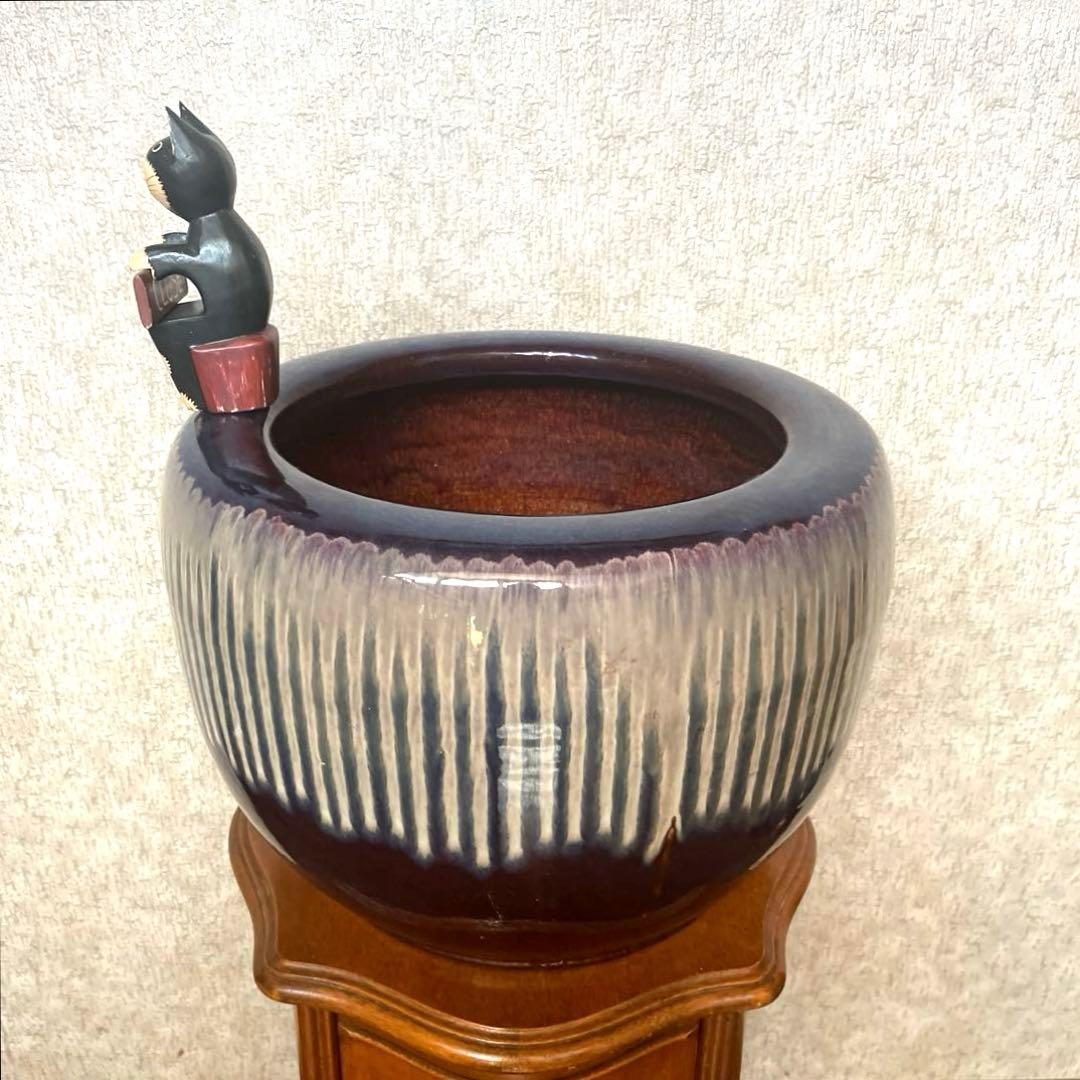 【美品　商品】アンティーク火鉢　メダカ鉢　金魚鉢　　陶器製　睡蓮　幅46