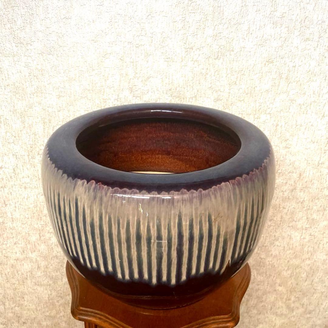 【美品　商品】アンティーク火鉢　メダカ鉢　金魚鉢　　陶器製　睡蓮　幅46