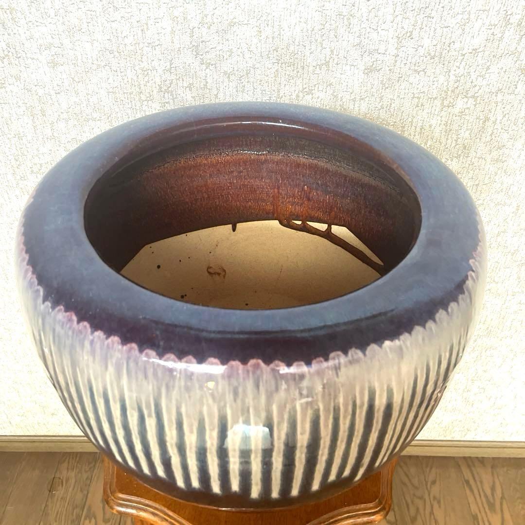【美品　商品】アンティーク火鉢　メダカ鉢　金魚鉢　　陶器製　睡蓮　幅46
