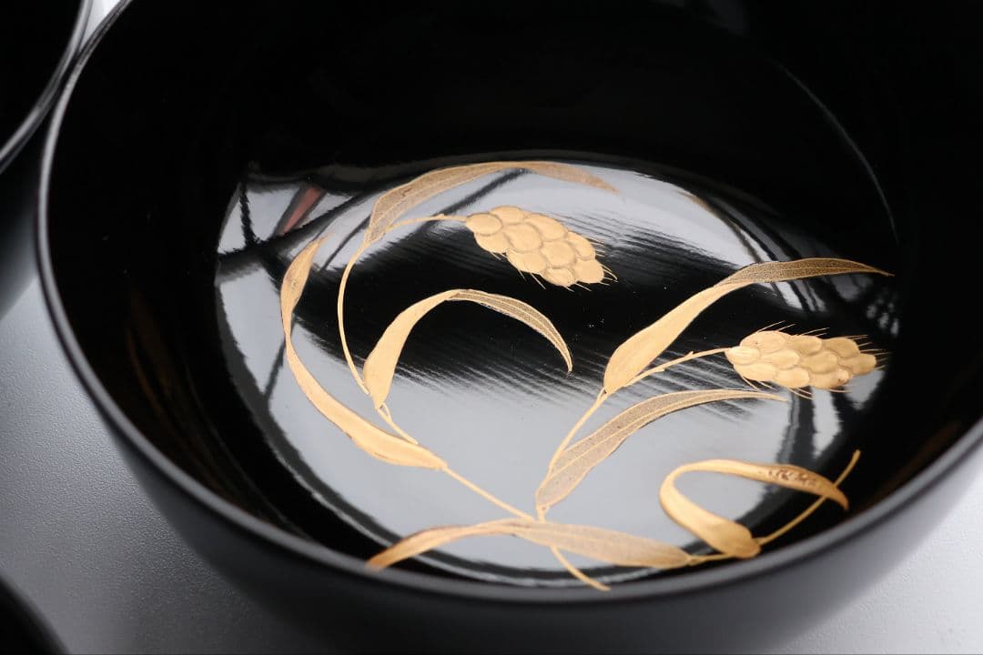 【MB279】輪島塗 天然木漆塗 粟穂鶉金蒔絵 黒塗椀 二客 鳥 漆芸 木製漆器