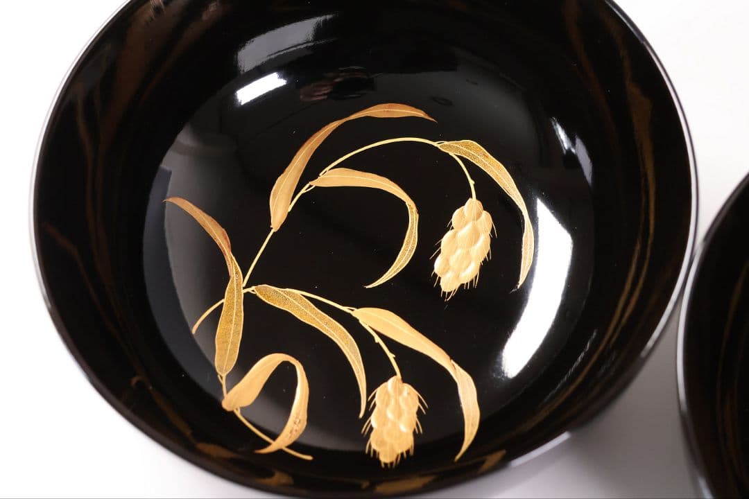 【MB279】輪島塗 天然木漆塗 粟穂鶉金蒔絵 黒塗椀 二客 鳥 漆芸 木製漆器