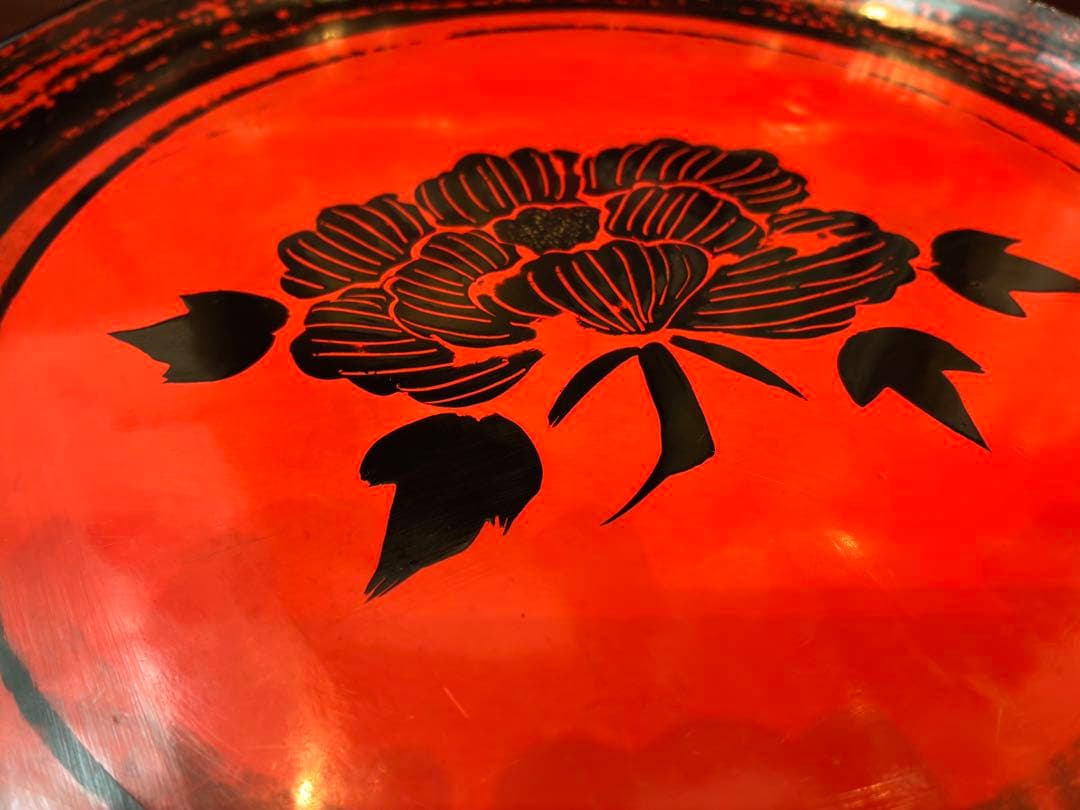 浄法寺塗　花文様　刳り貫き　足付き丸盆　丸膳　明治　木製