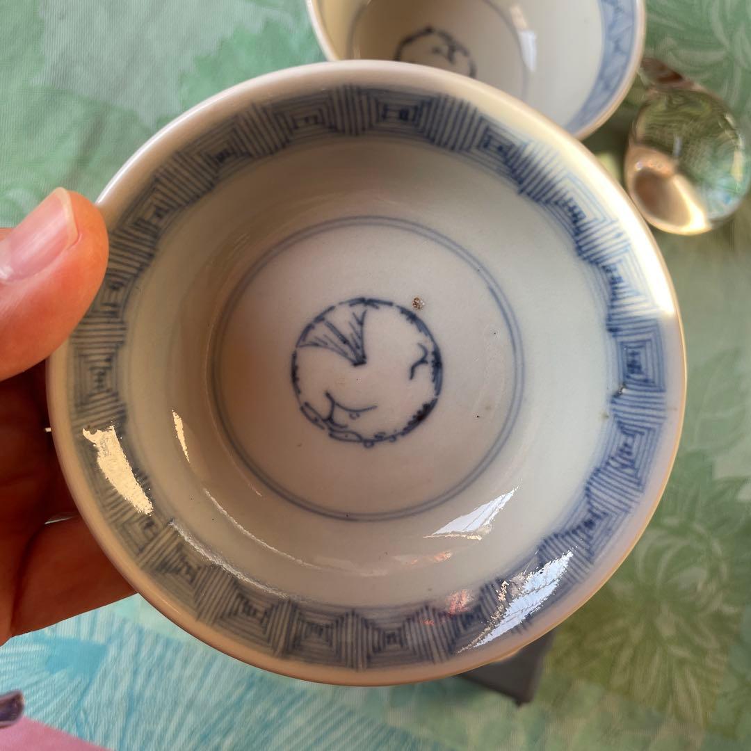 古伊万里　染付　花弁紋　蓋付ご飯茶碗