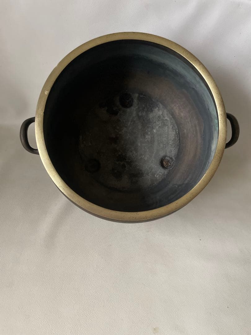 火鉢 手炙り 木製台座付き 真鍮製 山水図 古民具 中古品 2