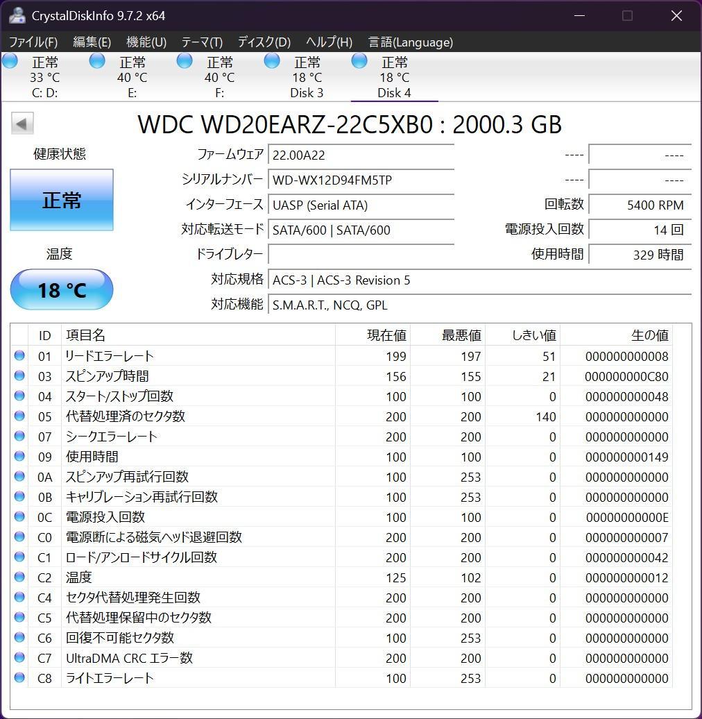 新近 WD20EARZ 2TB HDD 2024年製造 使用時間329時間