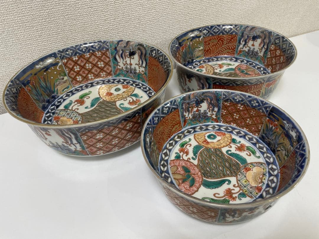 【現状品】古伊万里 有田焼 三ツ鉢 金彩 朱絵 アンティーク 時代物