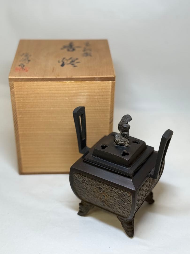 T14 高岡銅器 瑞峰作 平角唐子遊び図 銅器香炉 未使用保管品 箱付