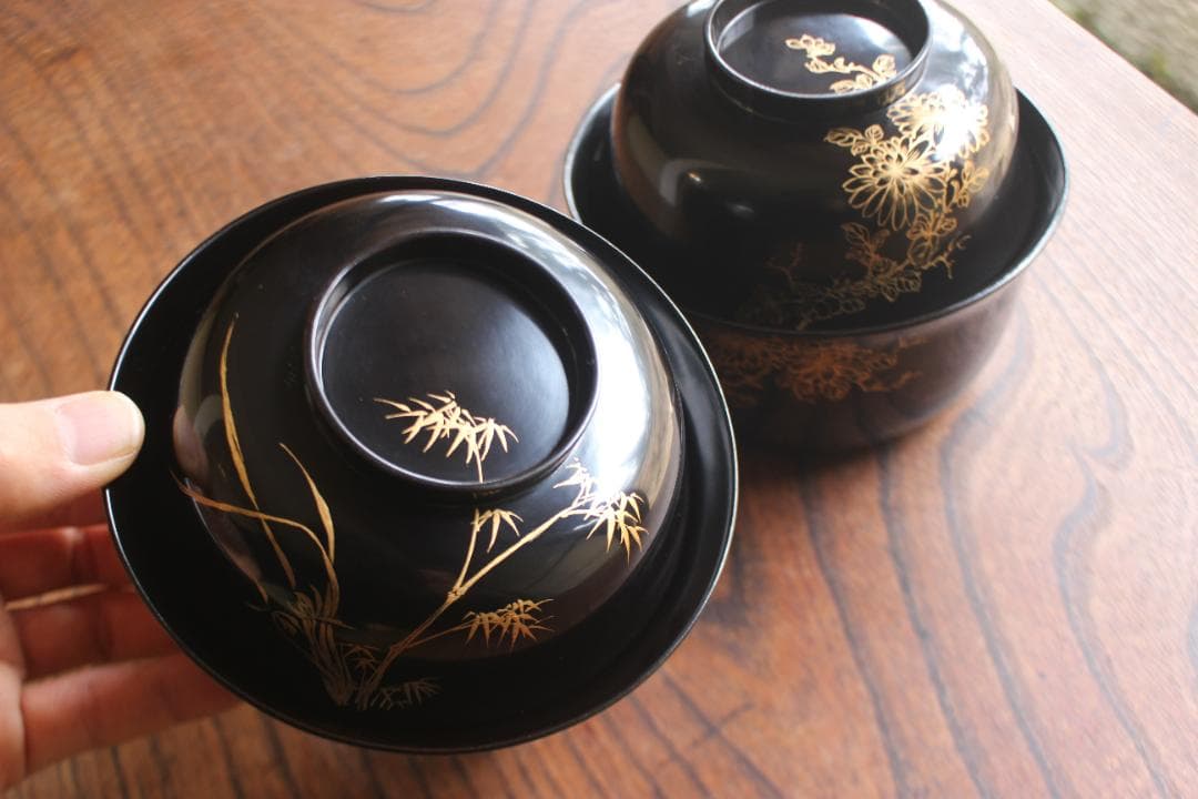 時代逸品！端正な時代黒漆に極上菊蘭蒔絵の映える四つ椀（検懐石道具蒔絵椀茶道具