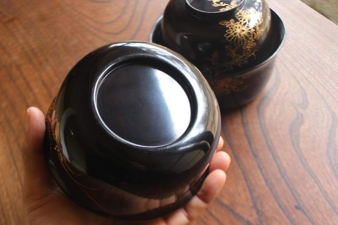 時代逸品！端正な時代黒漆に極上菊蘭蒔絵の映える四つ椀（検懐石道具蒔絵椀茶道具