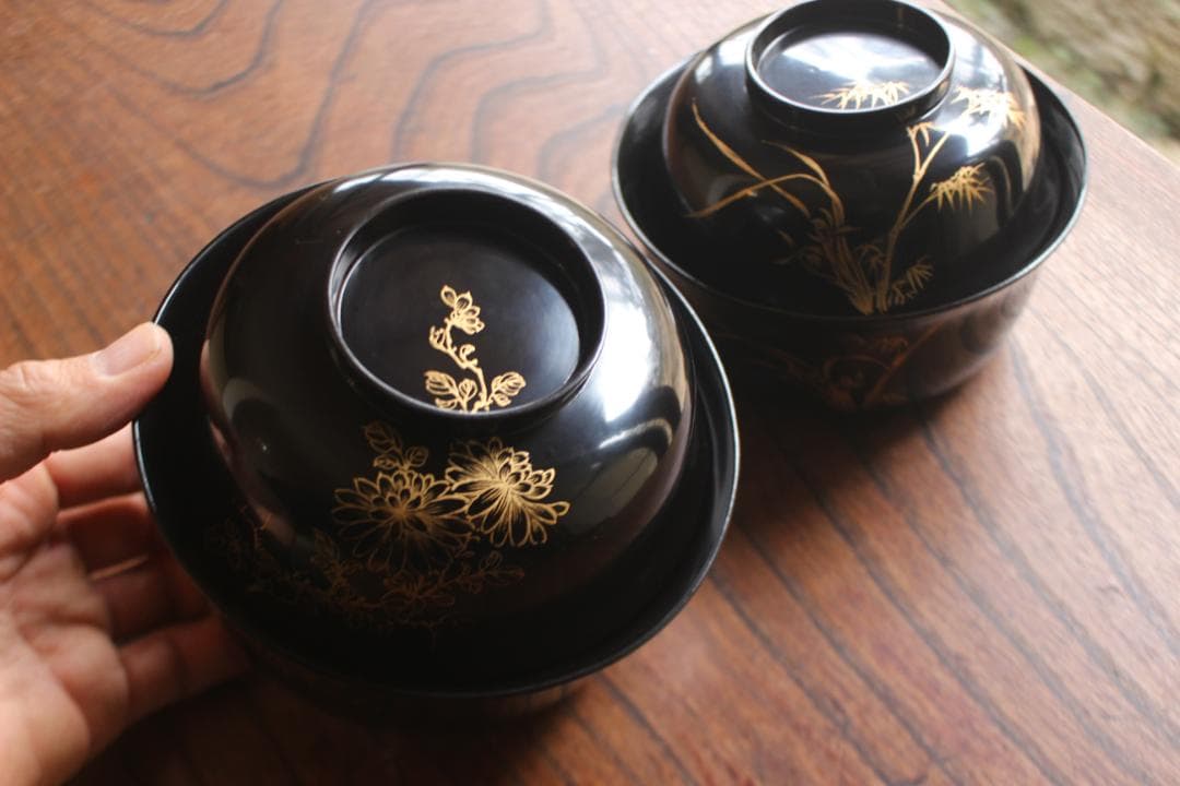 時代逸品！端正な時代黒漆に極上菊蘭蒔絵の映える四つ椀（検懐石道具蒔絵椀茶道具