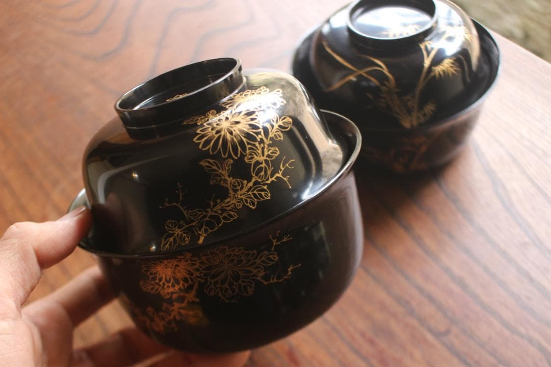 時代逸品！端正な時代黒漆に極上菊蘭蒔絵の映える四つ椀（検懐石道具蒔絵椀茶道具