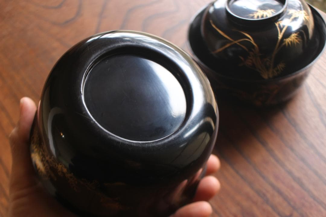 時代逸品！端正な時代黒漆に極上菊蘭蒔絵の映える四つ椀（検懐石道具蒔絵椀茶道具