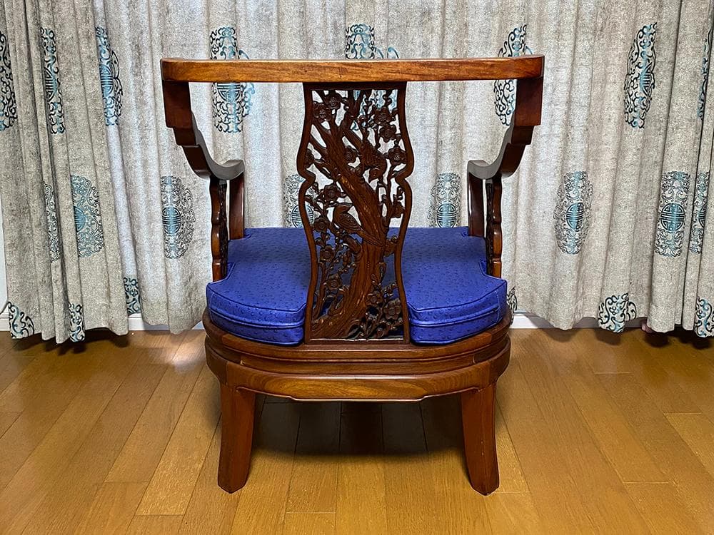 【木】　★ 一対 紅木彫花鳥紋官帽椅 ★　時代物　喜鵲 梅花 彫刻文様　明清家具