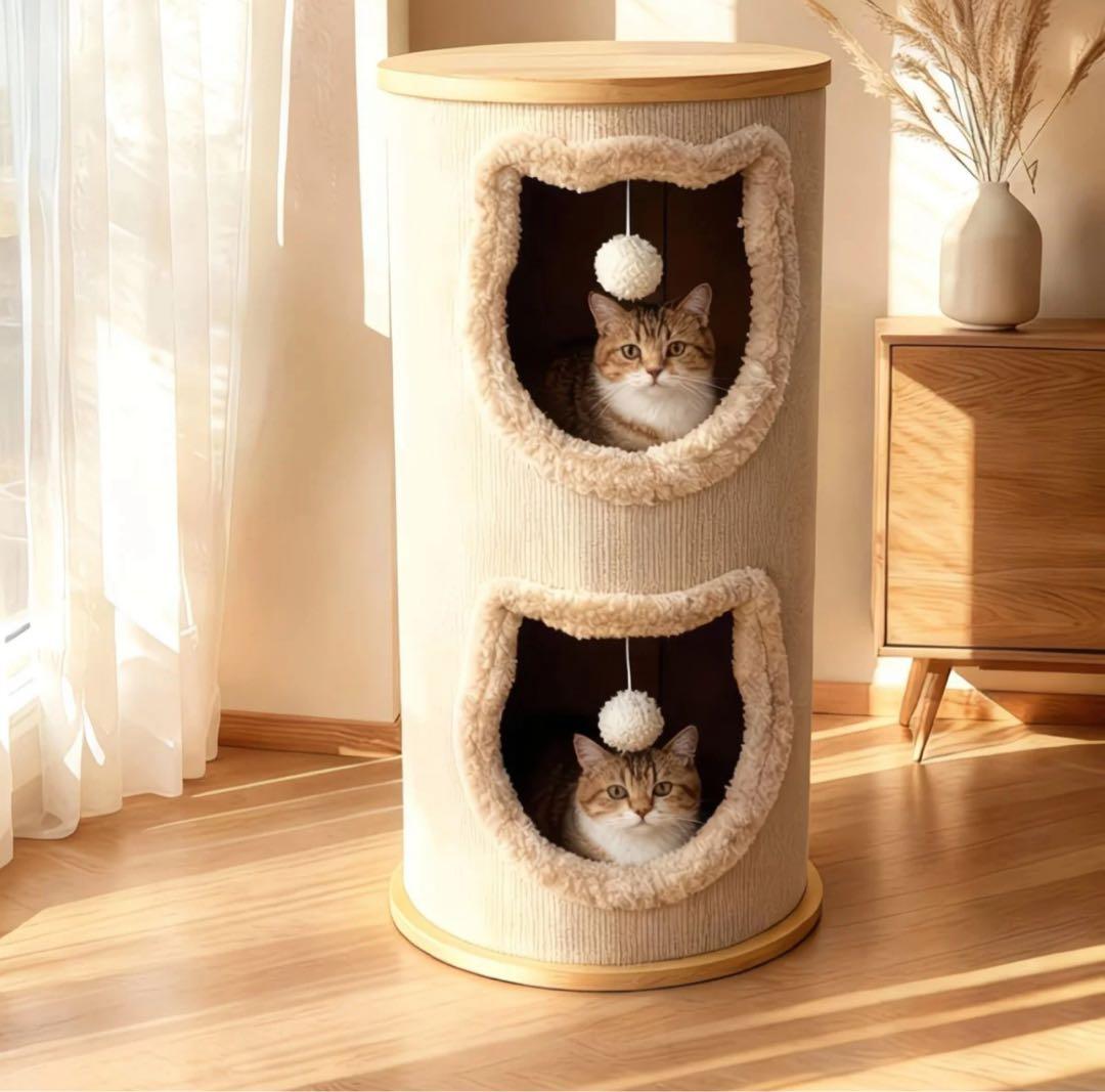 猫の顔デザイン キャットタワー 2段