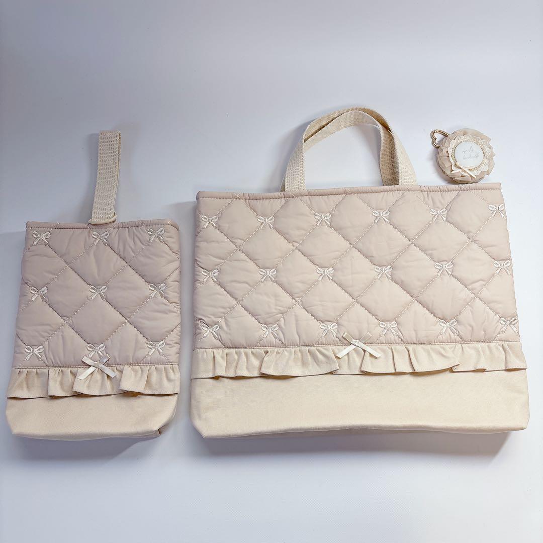 ヌビ　レッスンバッグ　上履き袋　格子　キルト　りぼん　刺繍生地　2点　セット