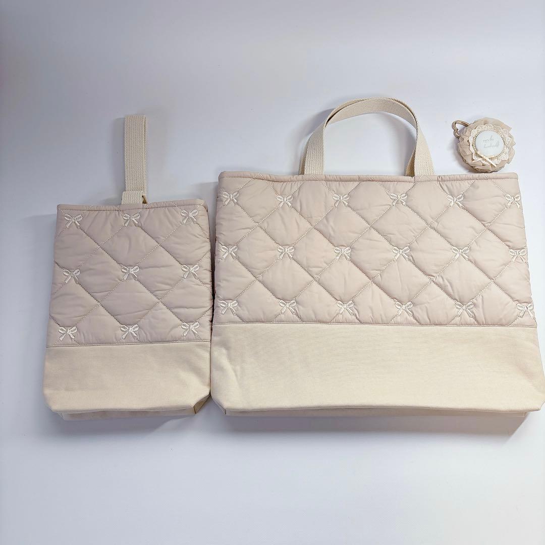 ヌビ　レッスンバッグ　上履き袋　格子　キルト　りぼん　刺繍生地　2点　セット