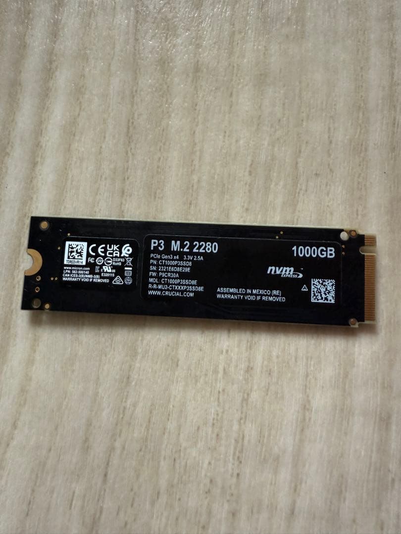 【美品】Crucial P3 1TB M.2 NVMe SSD Gen3