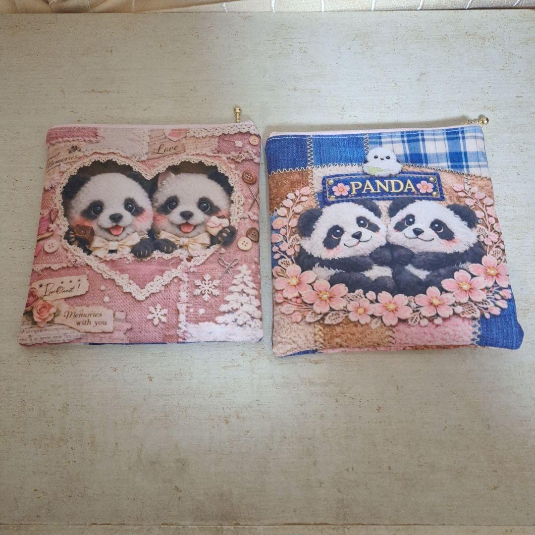 パンダパネル生地　ハンドメイド　フラットポーチ