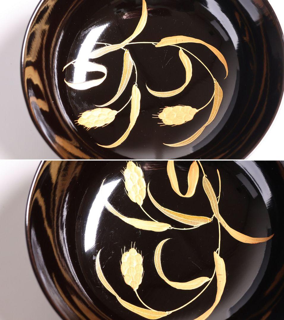 【MB280】輪島塗 天然木漆塗 粟穂鶉金蒔絵 黒塗椀 五客 鳥 漆芸 木製漆器