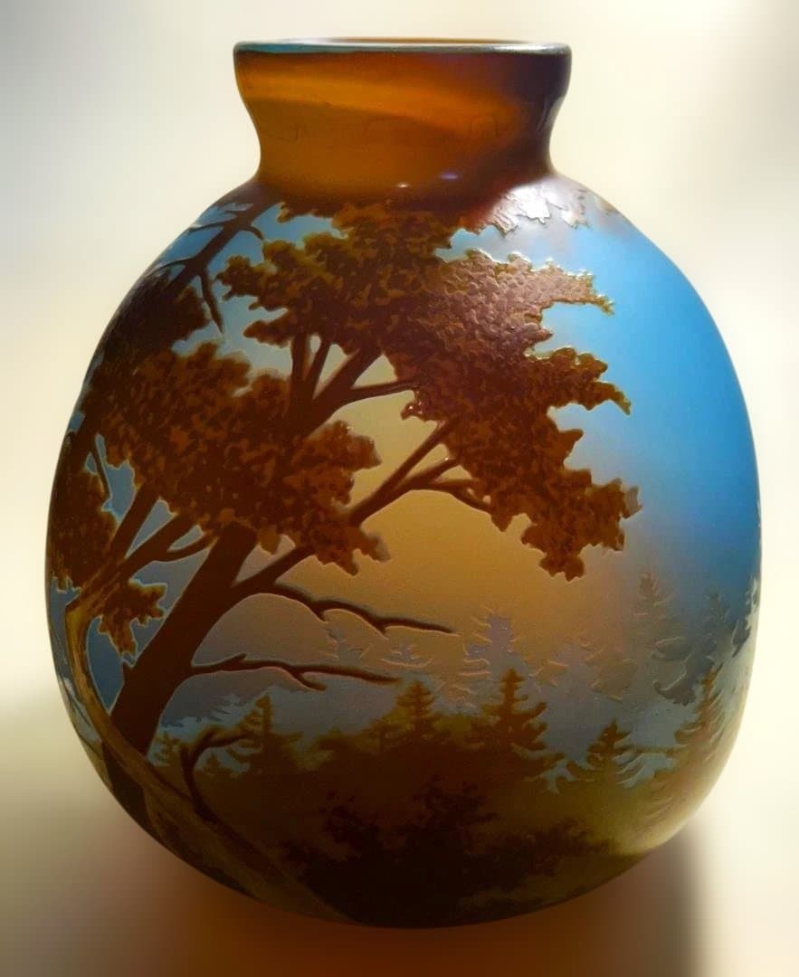 アールヌーボーガラス芸術◇remus タバノイウ作（花瓶木立文様）多重被せガラス