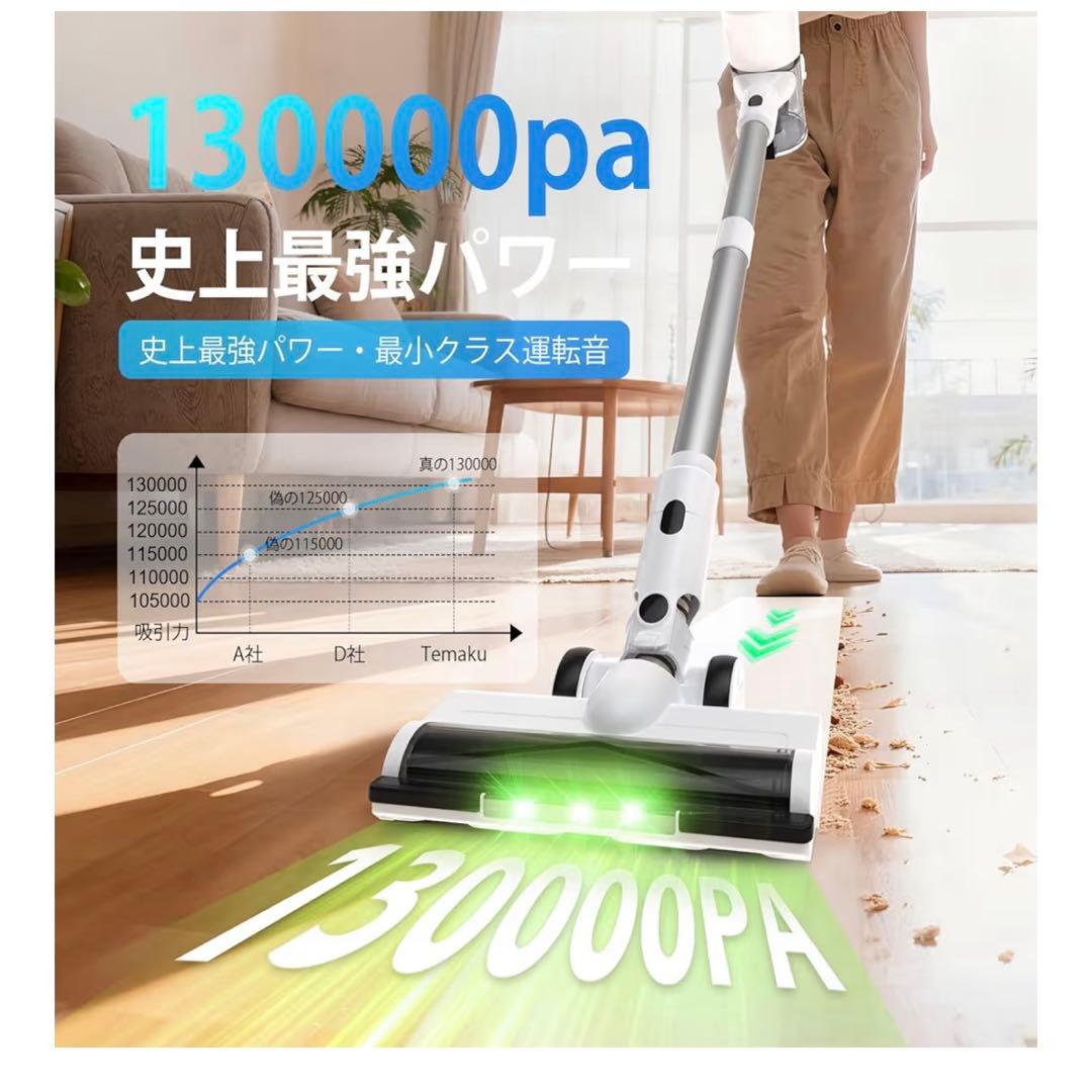 コードレス掃除機 130KPa超強力吸引 自立式 LED 75分稼働 HEPA
