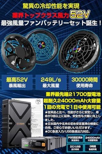 52V 暴風 ファンバッテリーセット 24000mAh 急速充電 熱中症対策