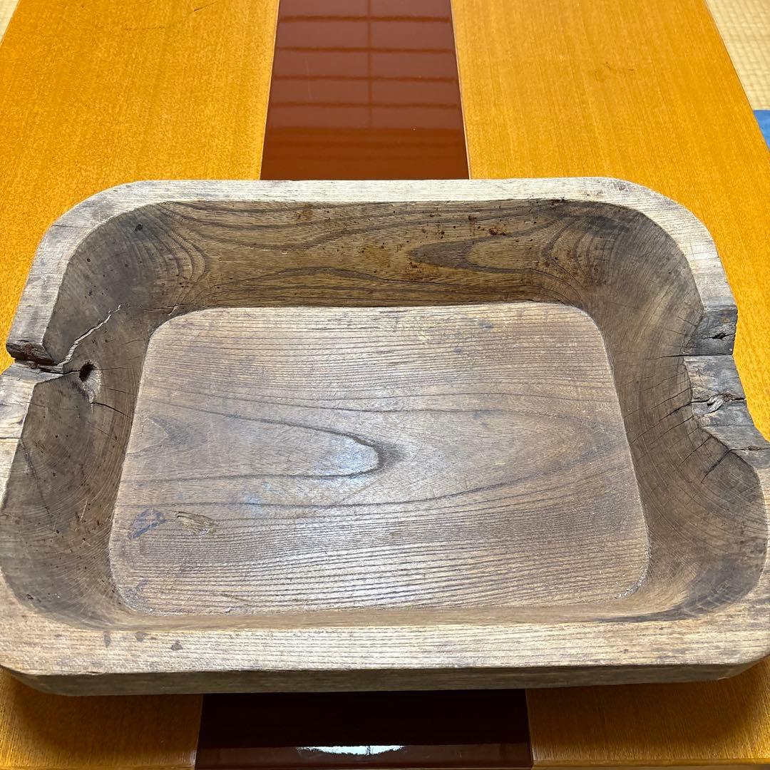 木製長方形皿 亀裂あり　骨董　木彫こね鉢