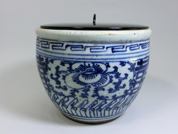 水指■青花双喜纏枝花卉紋 呉須青華牡丹唐草 景徳鎮窯 清時代中期 漆器蓋 唐物■