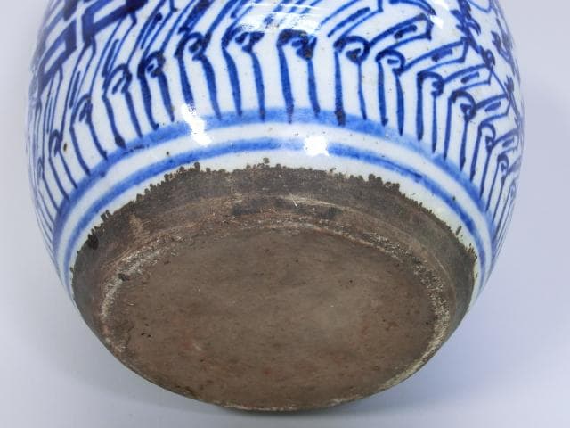 水指■青花双喜纏枝花卉紋 呉須青華牡丹唐草 景徳鎮窯 清時代中期 漆器蓋 唐物■
