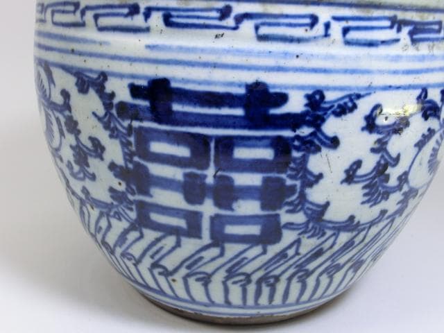 水指■青花双喜纏枝花卉紋 呉須青華牡丹唐草 景徳鎮窯 清時代中期 漆器蓋 唐物■