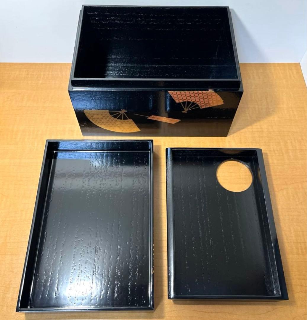茶道具　利休茶箱　茶箱セット　黒掻合塗　扇面