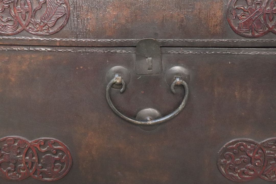中国　民国期　革製銅製金具箱　李茂號製　古民具　送料込み0216