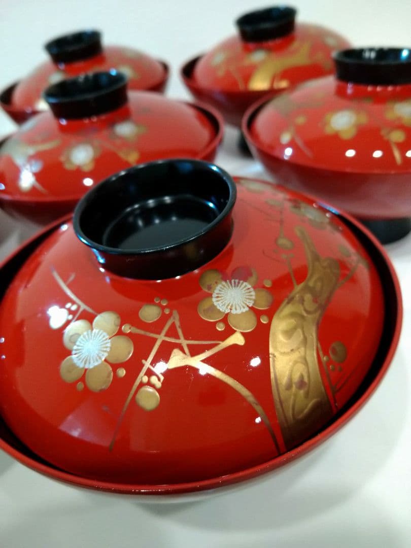 会津塗　赤い漆器の蓋付き椀 10個セット　2客ずつの販売も可