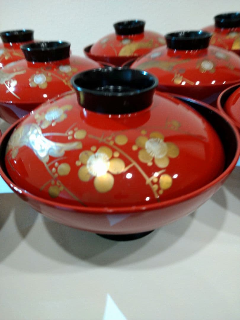 会津塗　赤い漆器の蓋付き椀 10個セット　2客ずつの販売も可