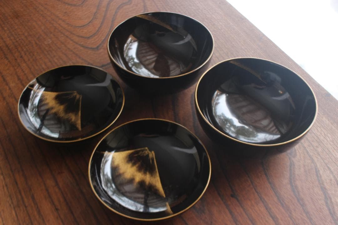 時代逸品！時代金縁黒漆に極上龍富士山沈金の映えるお椀2点（検輪島塗沈金椀懐石椀