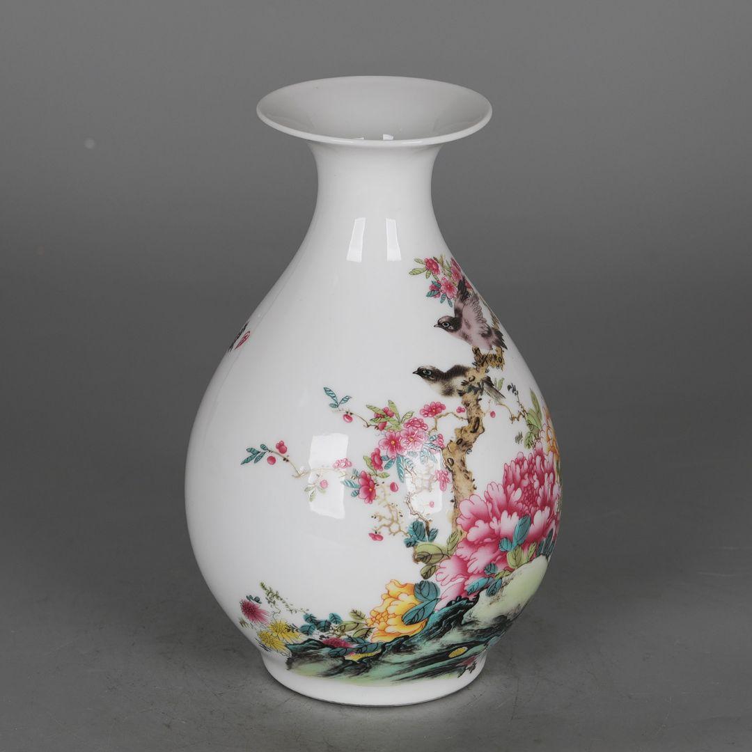 パステル花鳥紋玉壺春瓶 花瓶 景徳鎮陶磁器 装飾品 現代工芸品 美術品 置物