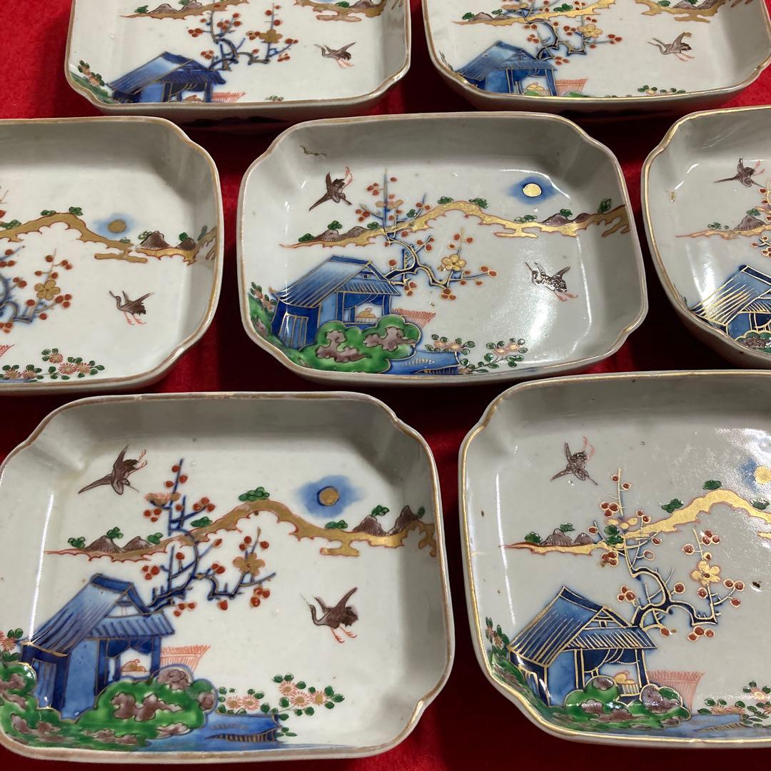 佐賀　伊万里金彩色絵角皿　７枚セット　幕末〜明治期　（極美品）