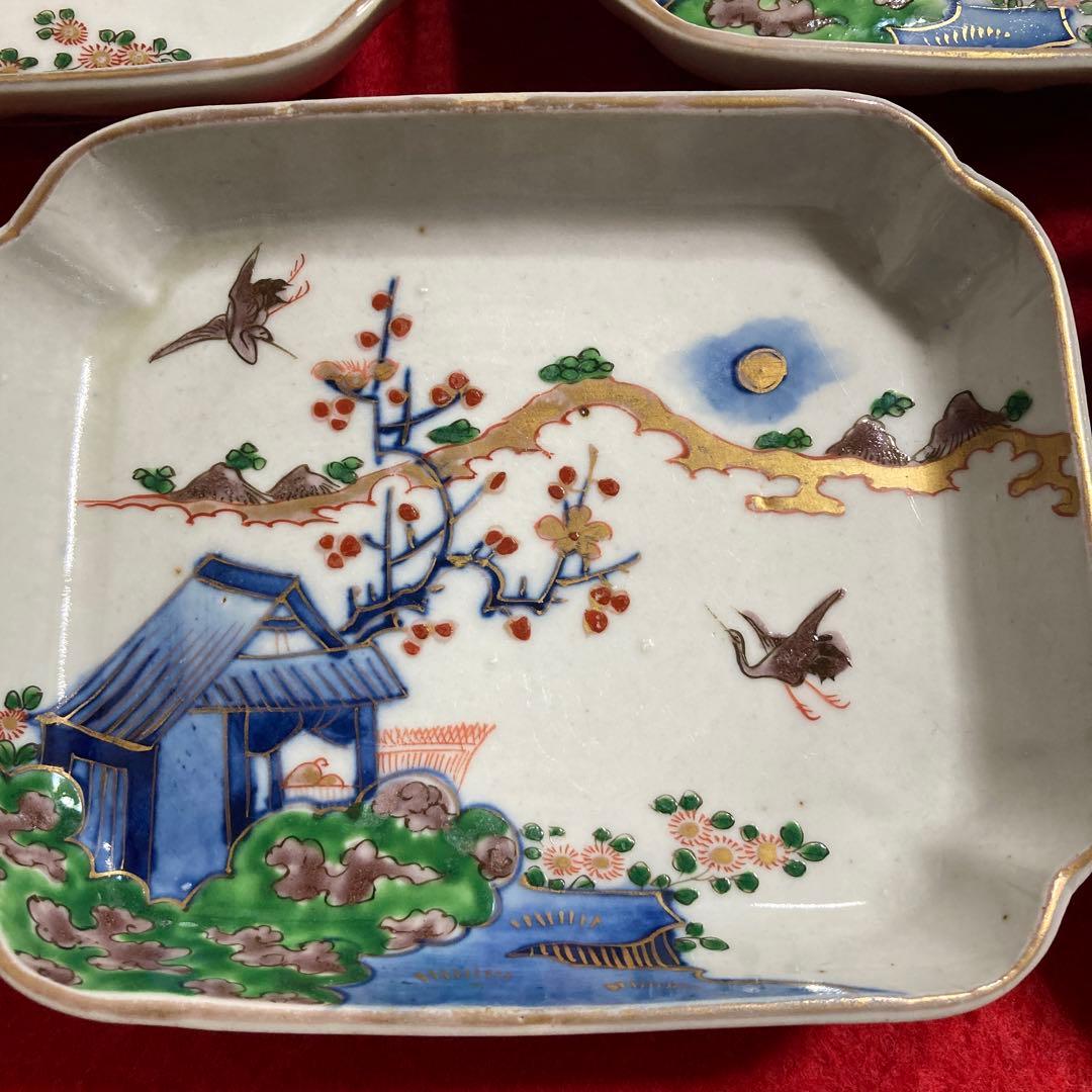 佐賀　伊万里金彩色絵角皿　７枚セット　幕末〜明治期　（極美品）
