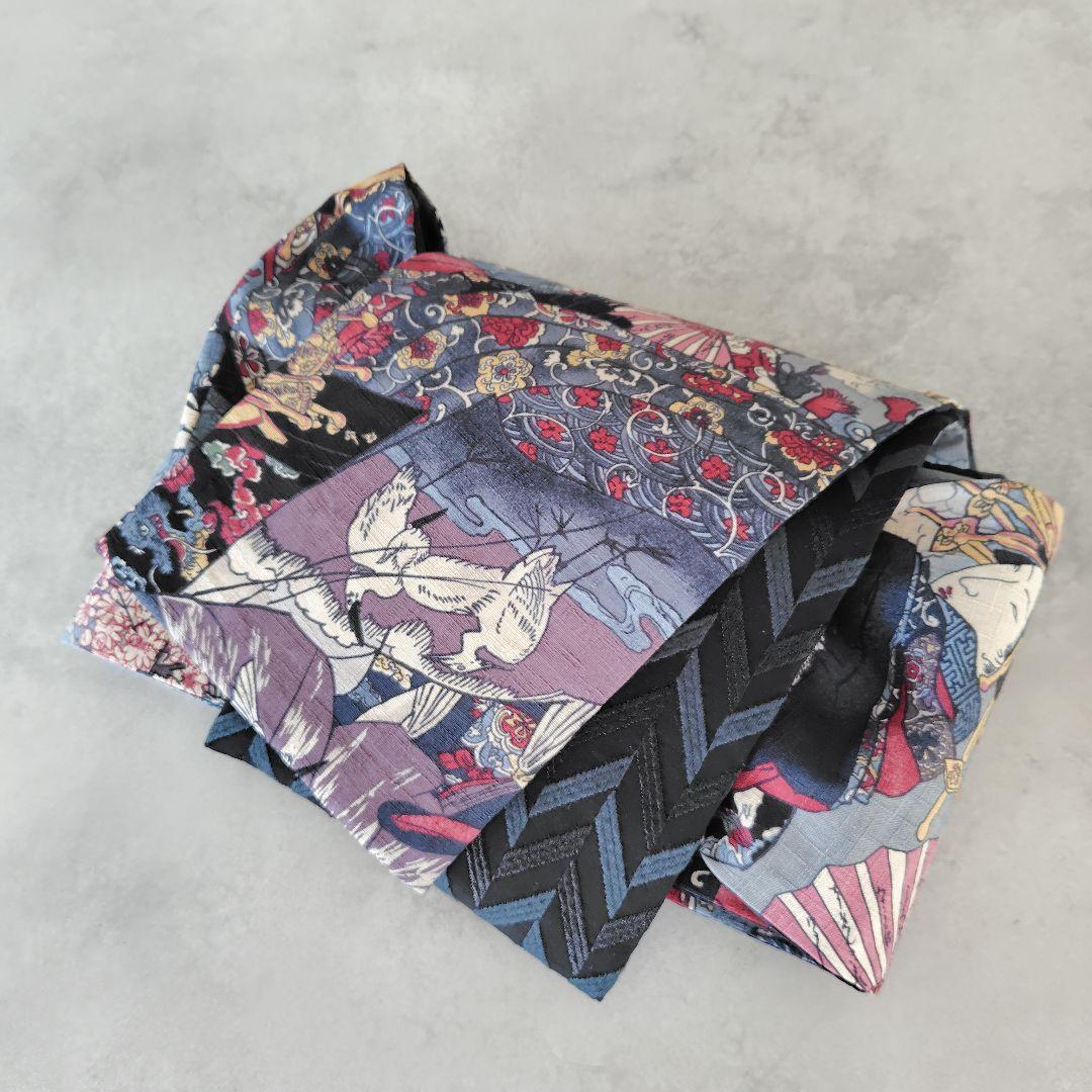 リバーシブル半幅帯　国産刺繍/ブラック（黒）歌舞伎