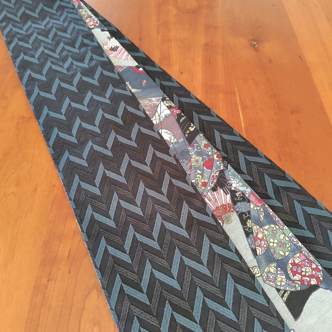 リバーシブル半幅帯　国産刺繍/ブラック（黒）歌舞伎
